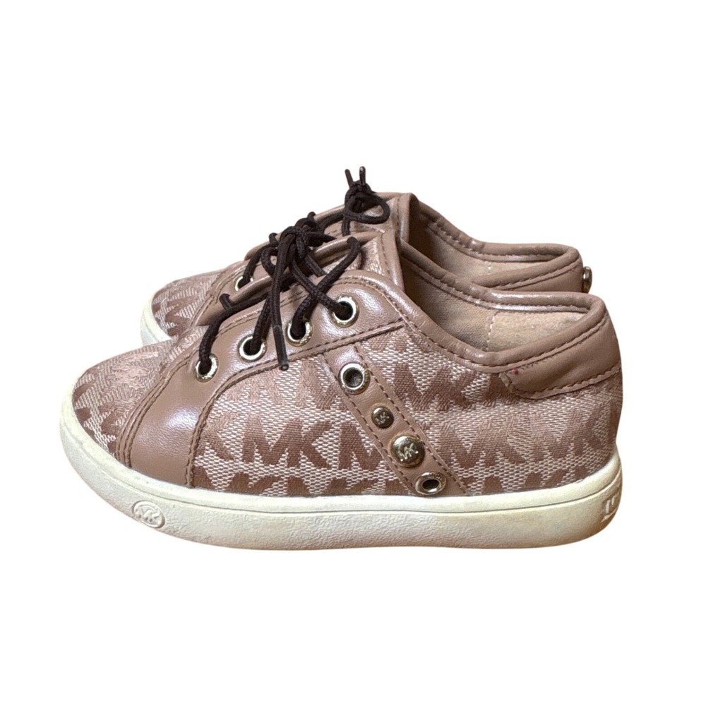 Michael Kors Sneakers Kids Brown Monogram Logo‎ Lace Up Studded SIZE 7